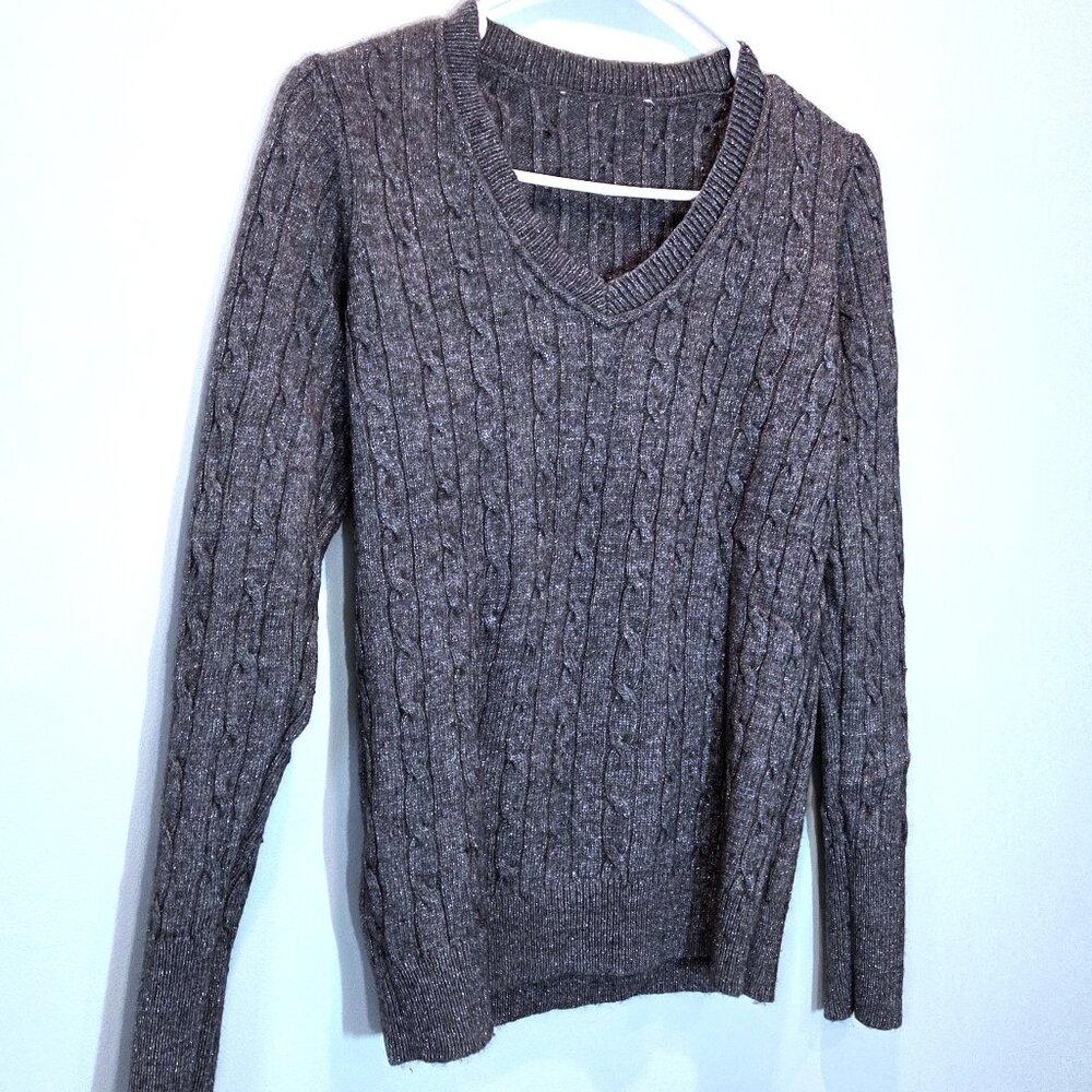 The Limited V-Neck Gray & Silver Long Sleeve Cable Sweater Size M